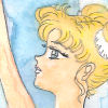 Naturally, my first search was for a white ballet costume, and I found a beautiful picture of Sarah Lamb as Princess Odette from Swan Lake.  When I saw the way the stage lights cast muted multicolored shadows on her white tutu, I decided I had to use watercolors to try to get that same dreamlike quality.  Of course the scanner doesn't pick them up well, and it's even harder to shade with watercolors, but I think I made the right choice.