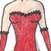 This dress is made out of red satin, with red diamond shaped rhinestones lining the top, bottom, and the gloves.