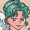 This drawing just kind of fell into place accidentally.  I decided I'd draw Michiru in green, because no one had suggested a color for her, nor suggested green for anybody else, and I was interested to see how green would look with her hair.  I was browsing through a few artbooks that JenyBean had, and I found a girl wearing this style dress and in this pose in one book, and a pattern similar to this one in another, so I combined the two, chose the color combination myself (which I think came out VERY well) and then was inspired to use this famous background after finishing the hem of the dress.  This is my Dad's new favorite of drawings of mine--I have to admit I'm pretty proud of it too.  :)